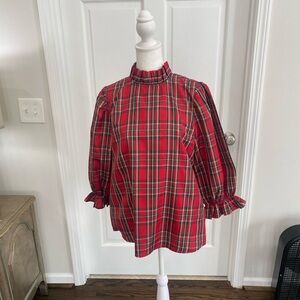 J. Marie Red Plaid Ruffle Sleeve Blouse Size S